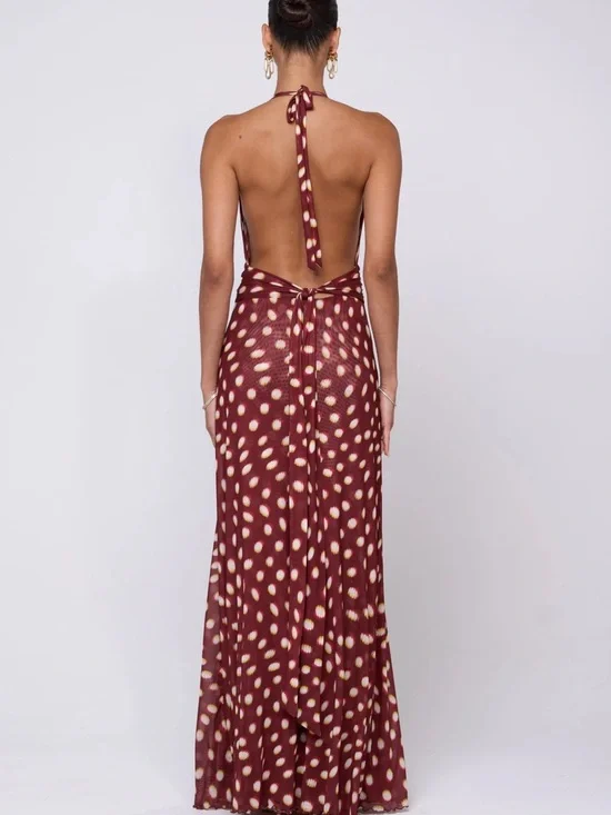 RESA Burgundy Halter Maxi with Cream Spot Print - Picture 3 of 4